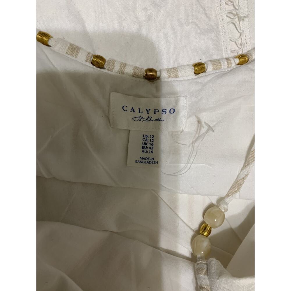 Calypso St. Barth Size 12 Beige & White Striped Beaded Linen Blend Maxi Dress - Picture 8 of 11